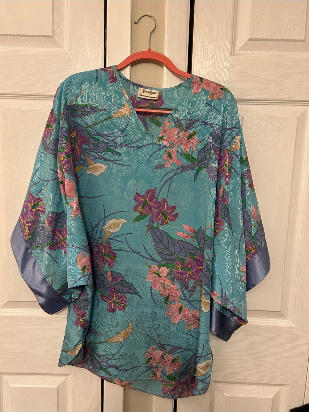 Neiman Marcus Teal Floral Silk Kimono Blouse